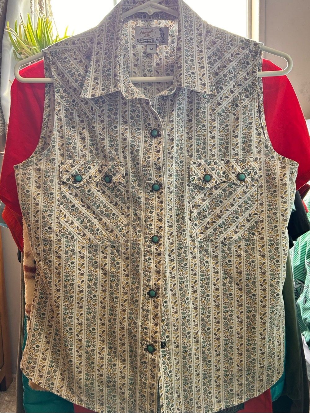 Vintage Panhandle Slim Sleeveless Western Shirt, Pearl Snap, Floral Stripe